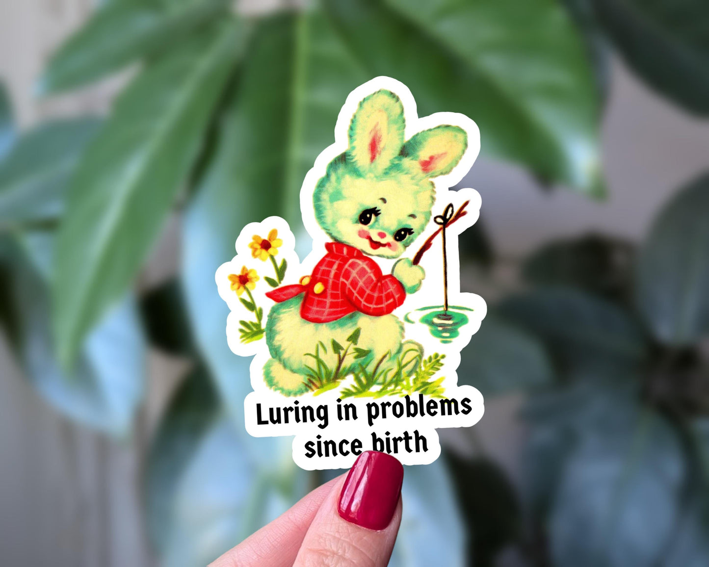 Luring in problems since birth sticker, vintage fishing bunny sticker, retro bunny vinyl sticker for water bottle, laptop sticker