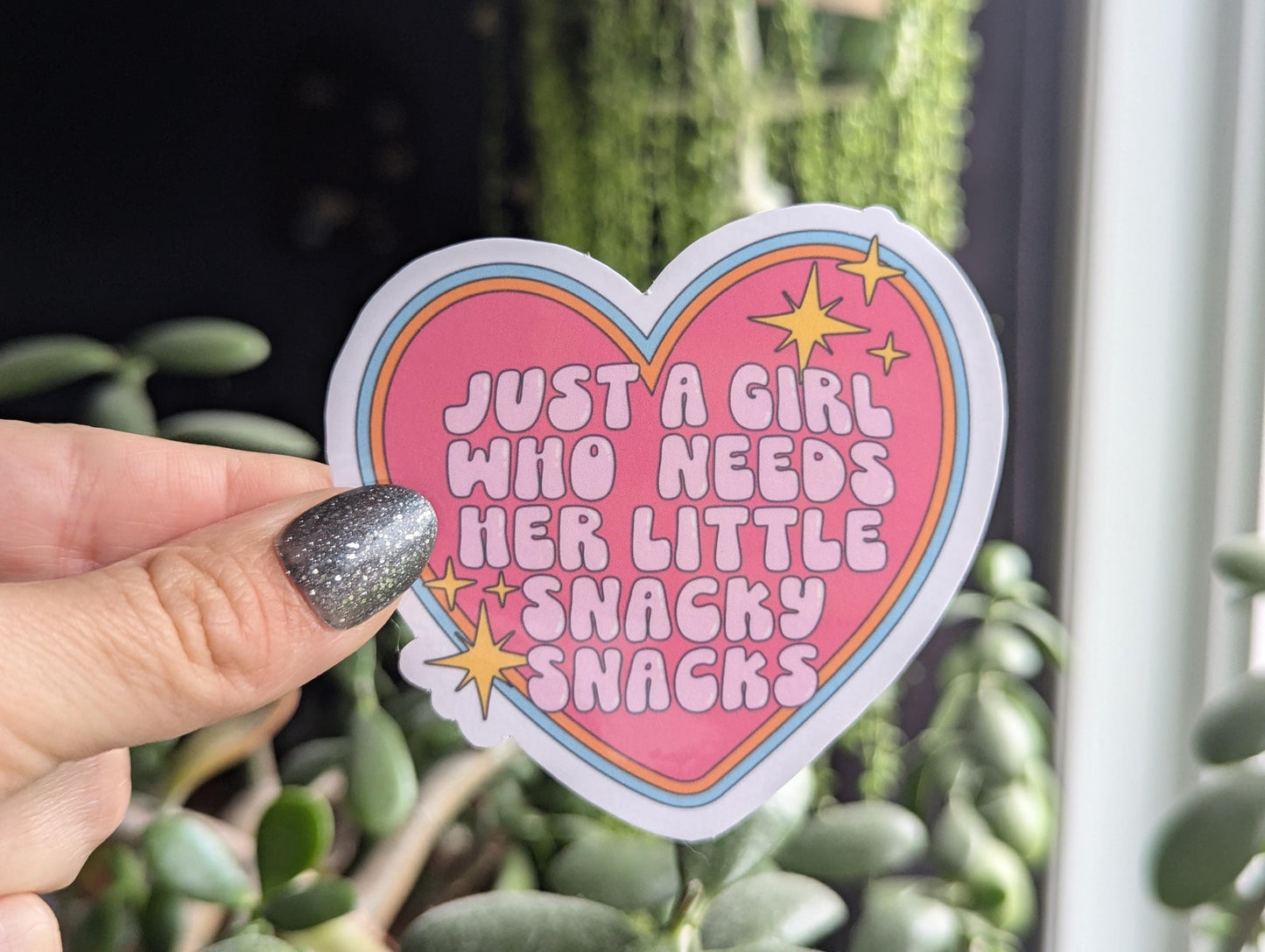 Just a girl who needs her little snacky snacks sticker, foodie gift, funny gift for friend, heart sticker aesthetic, cute sticker for girls